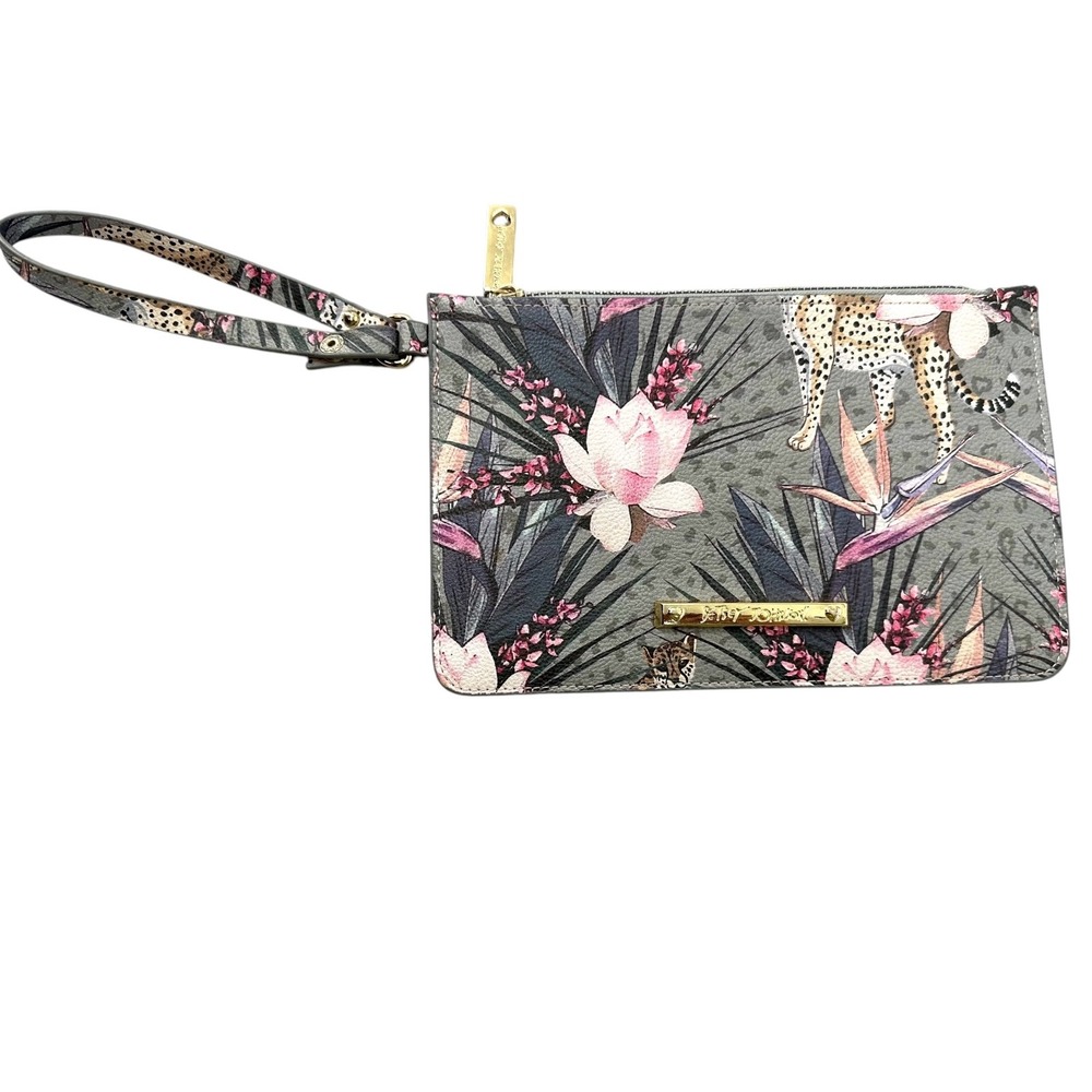Betsey Johnson Wristlet Leopard Floral Print Gray & Pink Faux Leather Zip Close